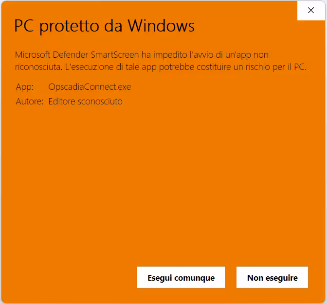 Avviso Windows SmartScreen espanso, con i pulsanti 'Non eseguire' ed 'Esegui comunque'